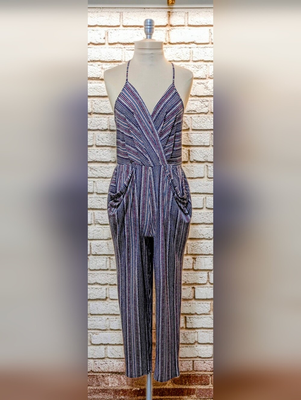 BCBGeneration Navy and White Striped Spaghetti-Strap Jumpsuit